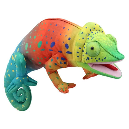 A colorful plush chameleon hand puppet with a gradient of green, yellow, orange, red, and blue. It has a curly tail, open mouth, and large cartoonish eyes. The body and legs are dotted with various shades of blue and green spots for realistic movements—The Puppet Company Large Creature Chameleon is an engaging children's toy.