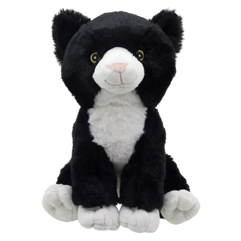 Introducing Charlie the Cat ECO Cuddlies, a plush toy made from recycled materials. This charming cat boasts black fur, white paws, a white face and chest, yellow eyes, and a pink nose. Sitting upright on a white background, it's both eco-friendly and utterly captivating.