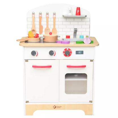 The Classic World Chef's Kitchen Set includes a stove top oven and other toy kitchen accessories.
