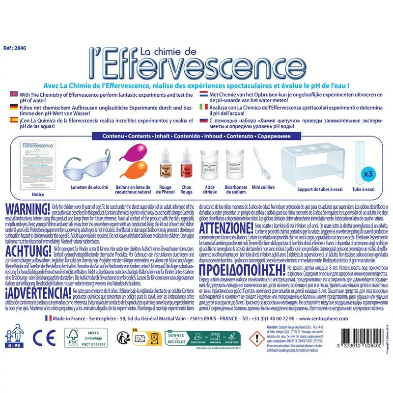 The back of a package of Sentosphere Chemistry of Effervescence, designed for redox experiments.