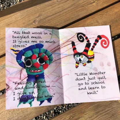 A colorful Knitting School for Monsters featuring a little monster on its cover.