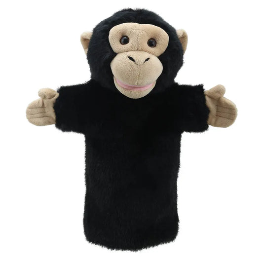 The Puppet Company Long Sleeved Puppet Chimp is a black monkey hand puppet with a beige face and hands, its arms outstretched in welcome. With large eyes and a pink mouth, it is crafted from soft, fluffy material—ideal for inspiring imaginative play.