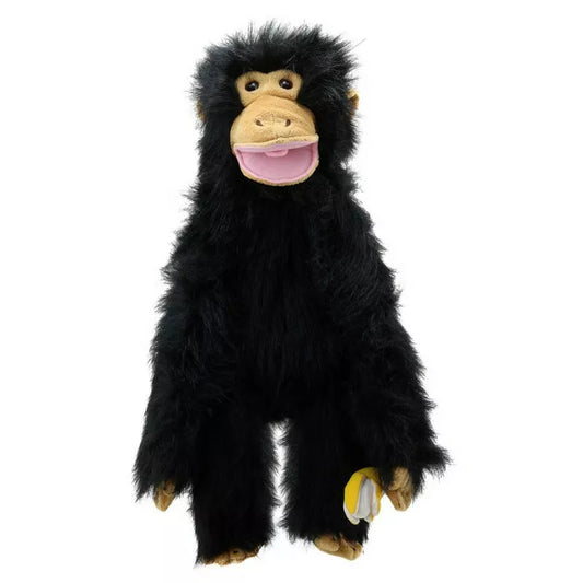 A 60 cm tall large Mouth Moving Hand Puppet with a fully body of a chimp. It is a black with a banana velcroed to its hand.