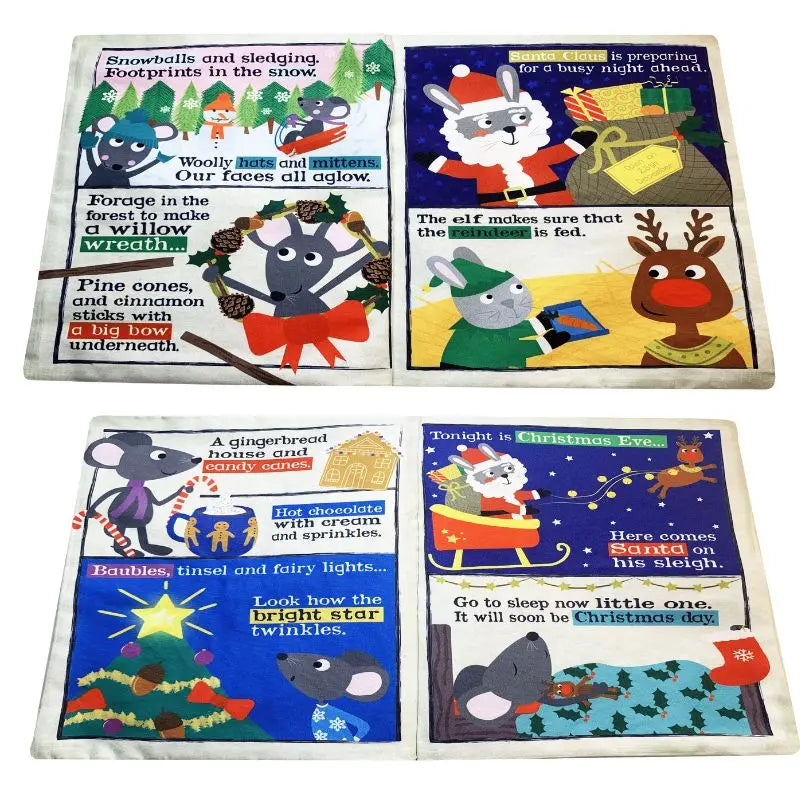 Crinkly Cloth Book Christmas Mice features four illustrated pages of animals and mice celebrating Christmas with snowy scenes, decorations, a sleigh, Christmas tree, mittens, wreaths, and gingerbread houses—an ideal baby gift.