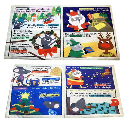 Crinkly Cloth Book Christmas Mice features four illustrated pages of animals and mice celebrating Christmas with snowy scenes, decorations, a sleigh, Christmas tree, mittens, wreaths, and gingerbread houses—an ideal baby gift.