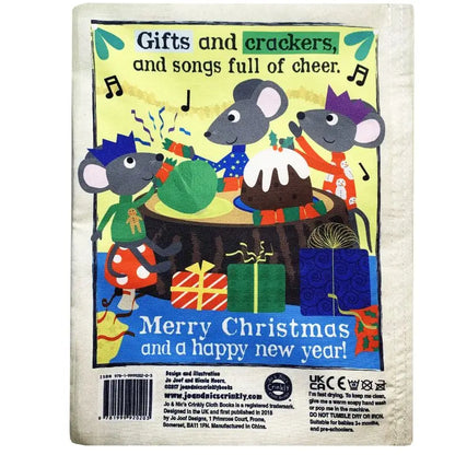 The Crinkly Cloth Book Christmas Mice features three festive mice in hats around a table with pudding, crackers, and gifts. A “Merry Christmas and a Happy New Year!” banner makes it perfect for baby’s first holiday gift.