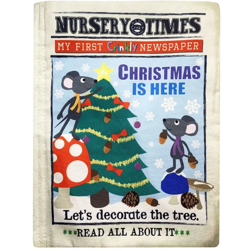 The "Crinkly Cloth Book Christmas Mice" features festive mice trimming a tree with a star, surrounded by red mushrooms and pinecones—making it a charming, crinkly baby gift for the holiday season.