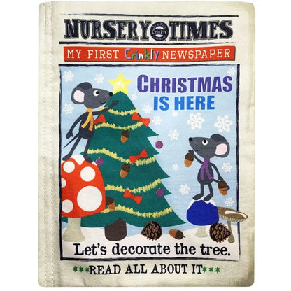 The "Crinkly Cloth Book Christmas Mice" features festive mice trimming a tree with a star, surrounded by red mushrooms and pinecones—making it a charming, crinkly baby gift for the holiday season.