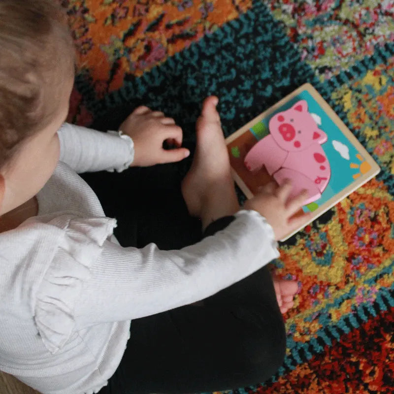 A child in a white long-sleeve shirt and black pants sits on a colorful rug, holding chunky lift out Puzzle Pig pieces to enhance their fine-motor skills.