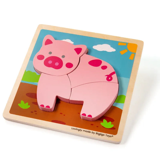 The Chunky Lift Out Puzzle Pig includes robust wooden pieces ideal for developing fine motor skills as you assemble a pink cartoon pig against a backdrop of green grass, blue sky, and a bright sun.