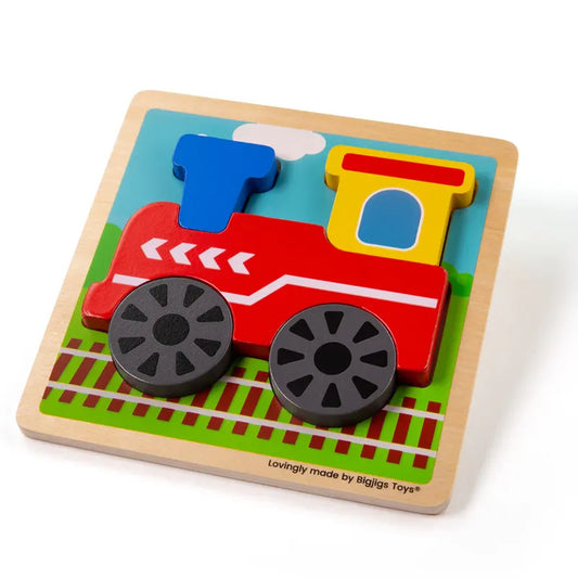 The Chunky Lift Out Puzzle Train is a vibrant wooden puzzle designed for toddlers, featuring a red train with black wheels, a blue chimney, and a yellow cabin on tracks. Perfect for enhancing fine motor skills, the chunky pieces fit neatly onto the durable board.