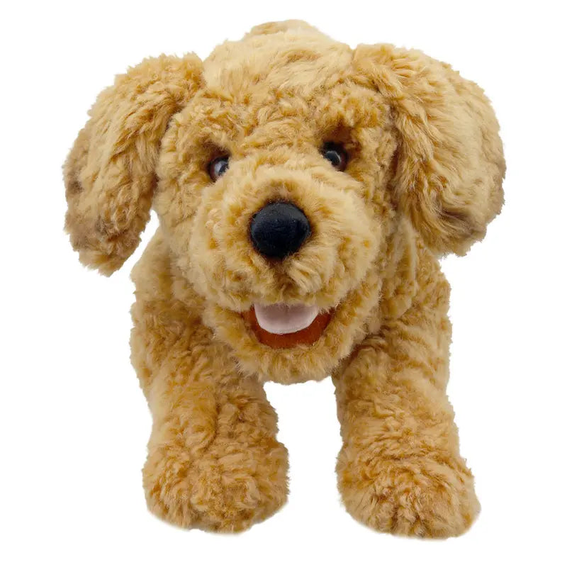 The Cockapoo Hand Puppet - Playful Puppies features curly light brown fur, floppy ears, a black nose, and an open mouth, creating a friendly and playful look against a white background.