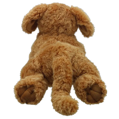The Cockapoo Hand Puppet - Playful Puppies features a cuddly dog with curly light brown fur, lying on its stomach with its back to you, legs and tail stretched out behind.