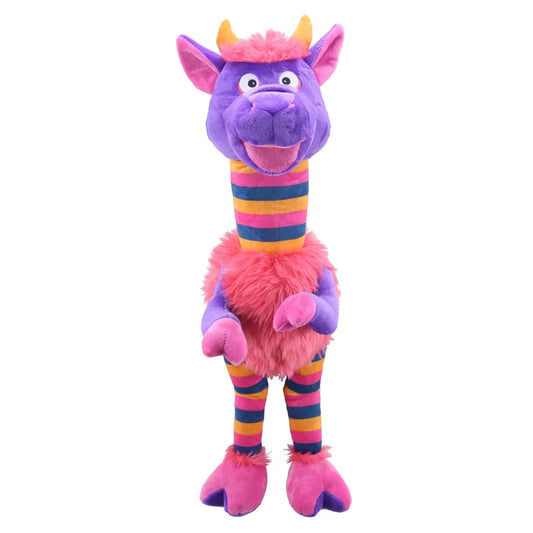 The Puppet Company Striders Cow Codswallop is a brightly colored plush toy with a long neck and striped body. This charming hand puppet features a purple head with orange horns, big white eyes, and a pink furry collar. The body and legs are striped in orange, pink, blue, and purple with pink hooves. Perfect for creative play, it has a cheerful expression.