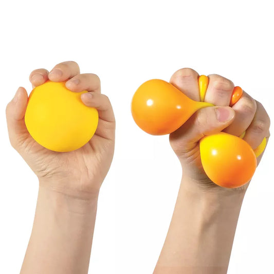 Two hands squeezing Colour Changing NeeDoh balls, one hand squeezing gently and the other deforming the Colour Changing NeeDoh ball more aggressively to show its pliability.