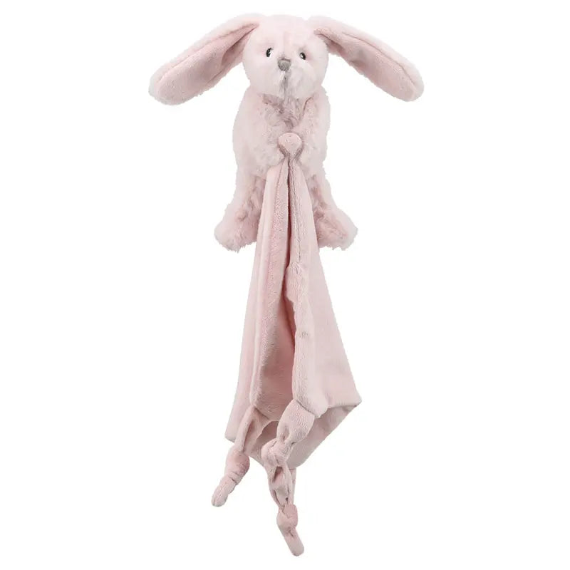The Finger Puppet Comforter Bunny Pink is a soft, light pink bunny with long ears and a knotted blanket body, ideal as a new baby gift or toddler security toy.
