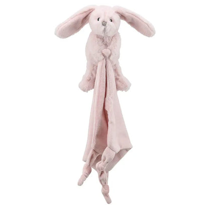 The Finger Puppet Comforter Bunny Pink is a soft, light pink bunny with long ears and a knotted blanket body, ideal as a new baby gift or toddler security toy.