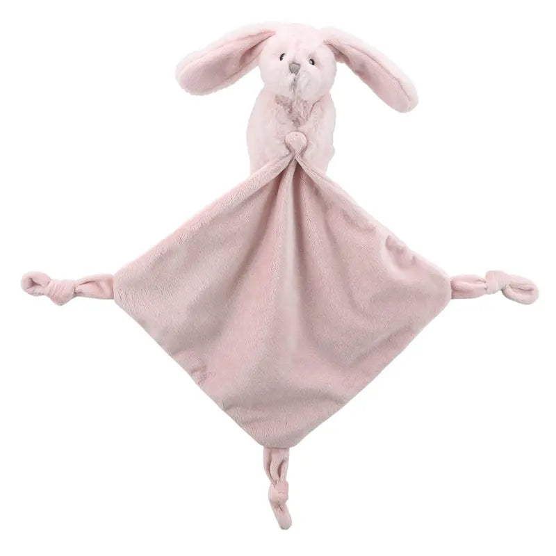 The Finger Puppet Comforter Bunny Pink is an ideal new baby gift, featuring a soft pink blanket with a plush bunny head and ears, plus knotted corners.