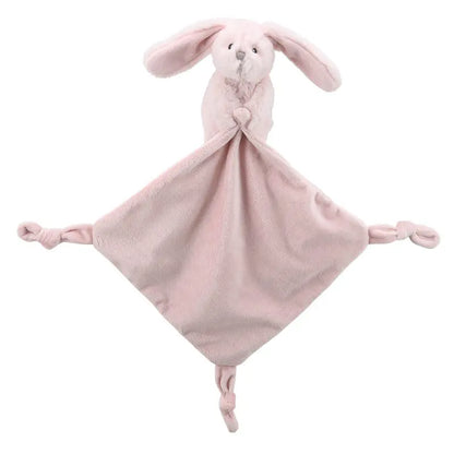 The Finger Puppet Comforter Bunny Pink is an ideal new baby gift, featuring a soft pink blanket with a plush bunny head and ears, plus knotted corners.