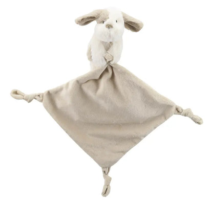 A soft beige and white plush comforter featuring a dog head finger puppet, floppy ears, and knotted corners on its square blanket body—perfect as a new baby gift.
