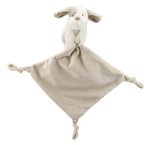 A soft beige and white plush comforter featuring a dog head finger puppet, floppy ears, and knotted corners on its square blanket body—perfect as a new baby gift.