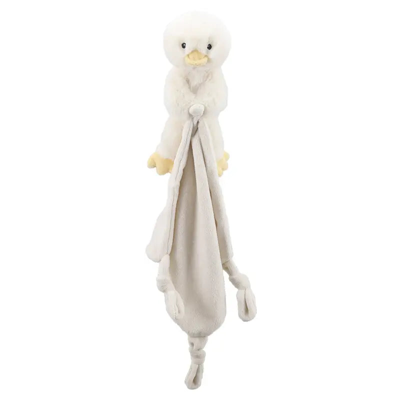 The Finger Puppet Comforter Duck is a soft plush toy shaped like a white bird with a yellow beak and feet, attached to a light beige blanket with knotted corners—an adorable and perfect gift for new babies.