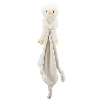 The Finger Puppet Comforter Duck is a soft plush toy shaped like a white bird with a yellow beak and feet, attached to a light beige blanket with knotted corners—an adorable and perfect gift for new babies.