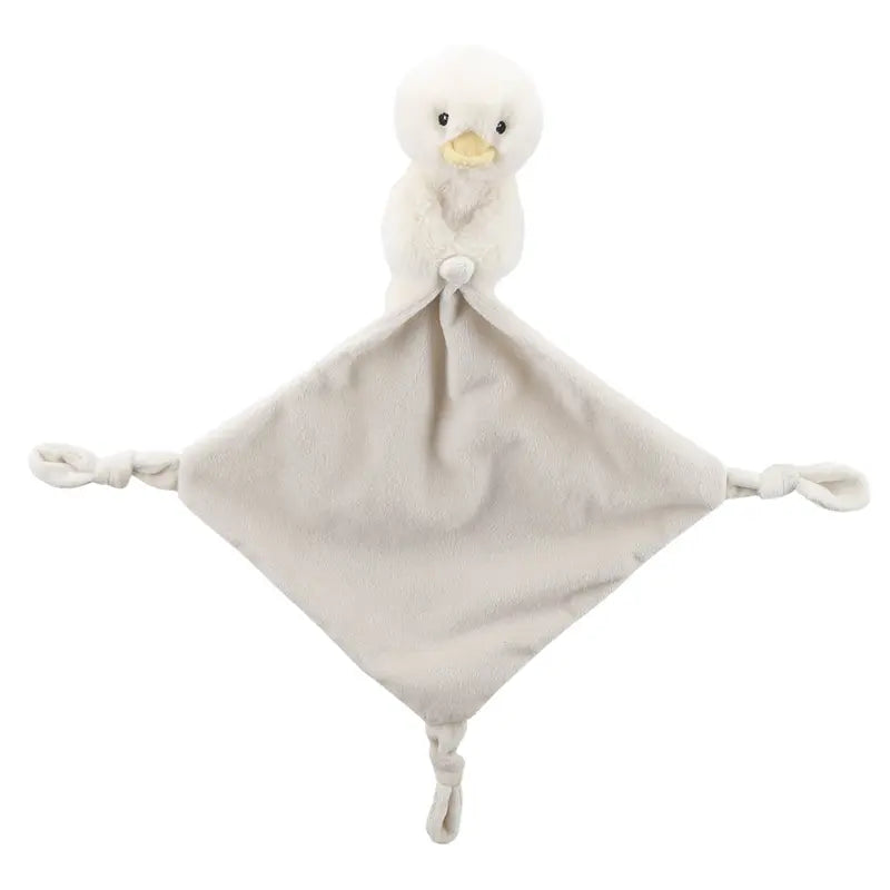 The Finger Puppet Comforter Duck is a soft plush toy with a duck head and wings holding a diamond-shaped blanket, three corners knotted—ideal as a new baby gift.
