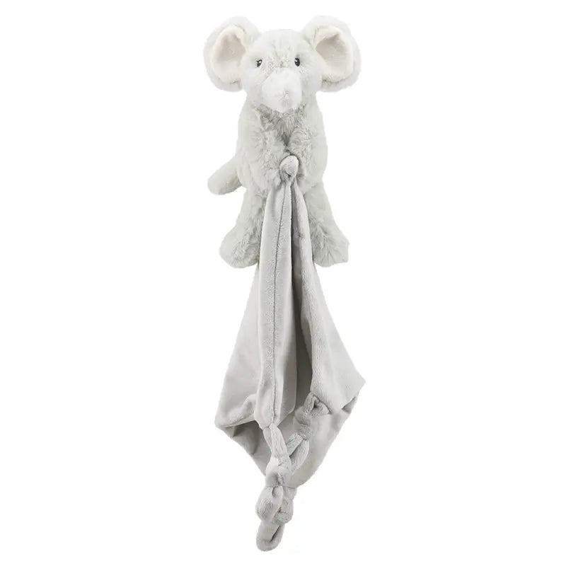 The Finger Puppet Comforter Elephant features a soft gray elephant attached to a matching baby blanket with knotted ends. The upright elephant doubles as a finger puppet, making this comforter an ideal gift for newborns.