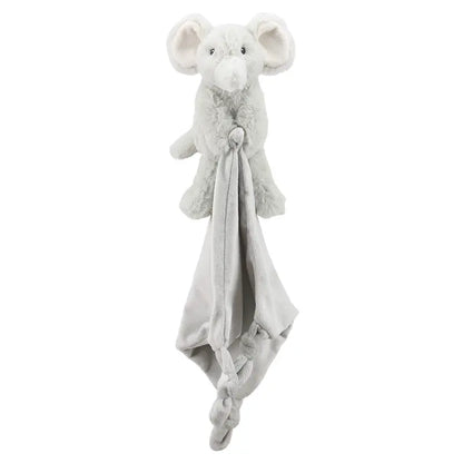 The Finger Puppet Comforter Elephant features a soft gray elephant attached to a matching baby blanket with knotted ends. The upright elephant doubles as a finger puppet, making this comforter an ideal gift for newborns.