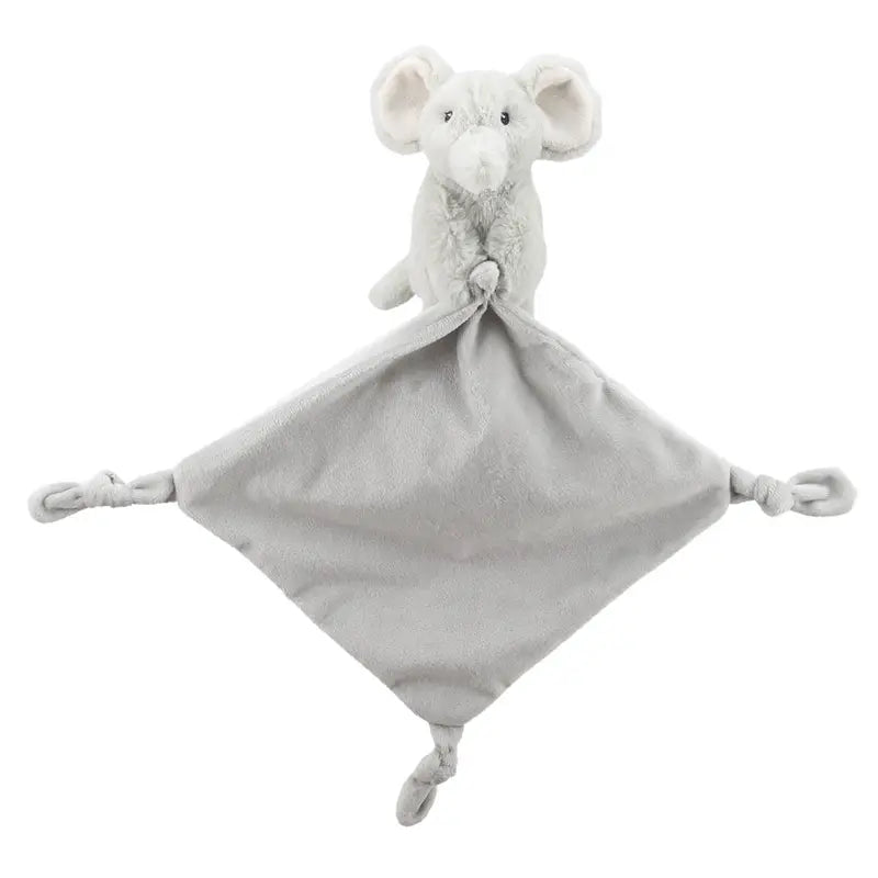 A soft, gray plush comforter featuring an attached elephant finger puppet head and arms at the top, with four knotted corners—perfect as a new baby gift.
