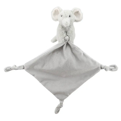 A soft, gray plush comforter featuring an attached elephant finger puppet head and arms at the top, with four knotted corners—perfect as a new baby gift.