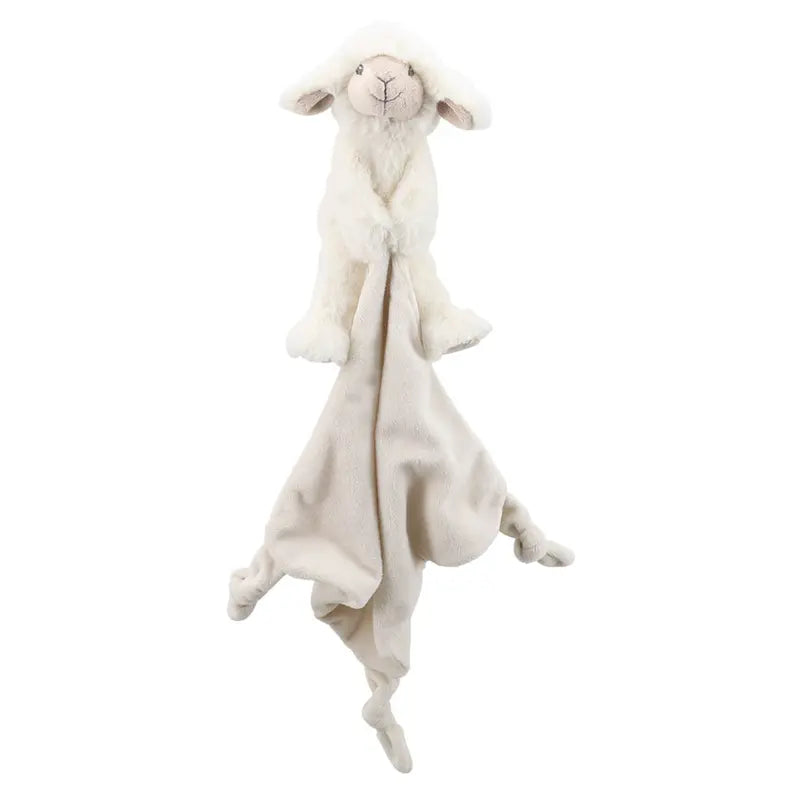 The Finger Puppet Comforter Lamb is a soft plush baby comforter, featuring a white lamb's head and arms on a cream, floppy blanket with knotted corners—ideal as a new baby gift.