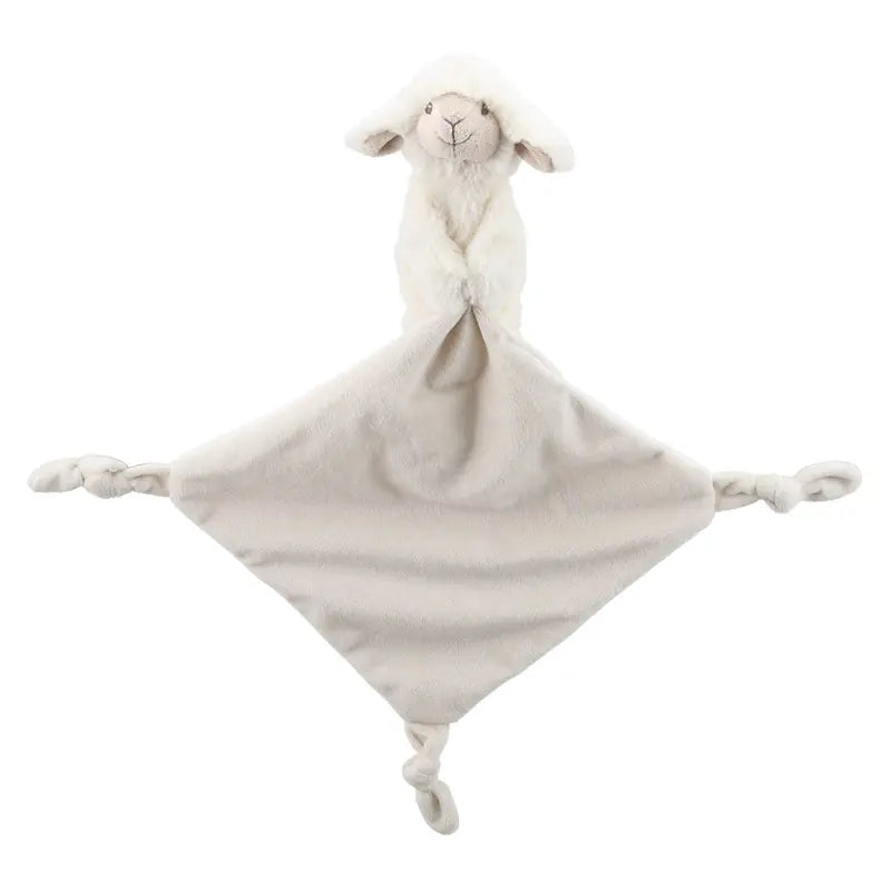 The Finger Puppet Comforter Lamb is a cream-colored plush toy with a soft lamb's head at the center and three knotted corners—an ideal gift for newborns.