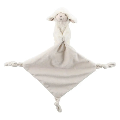The Finger Puppet Comforter Lamb is a cream-colored plush toy with a soft lamb's head at the center and three knotted corners—an ideal gift for newborns.