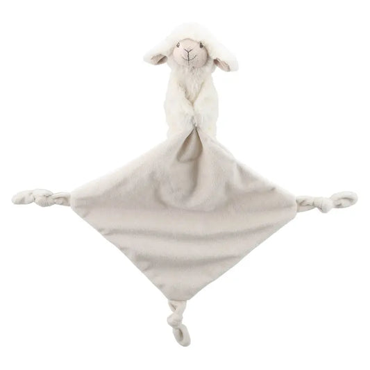 The Finger Puppet Comforter Lamb is a cream-colored plush toy with a soft lamb's head at the center and three knotted corners—an ideal gift for newborns.