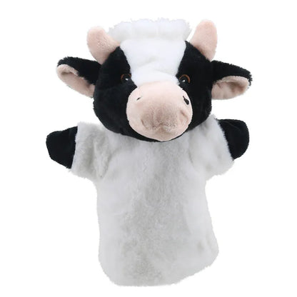 The ECO Puppet Buddies Cow Hand Puppet is a plush, eco-friendly hand puppet crafted from 100% recycled materials. It boasts black and white fur, pink inner ears and snout, black arms, a white body, and a distinctive black and white head with small, round black eyes—ideal for imaginative play.