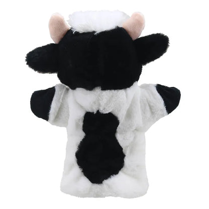 The ECO Puppet Buddies Cow Hand Puppet is a charming plush hand puppet designed to look like a cartoon cow. It features black and white fur, pink horns, floppy ears, and an expressive face with detailed cow markings. Made from recycled materials, it’s perfect for imaginative play!