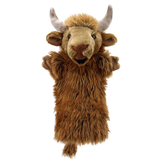 Introducing the Puppet Company Long Sleeved Puppet Highland Cow, a delightful hand puppet featuring a fluffy, brown bison with detailed facial features such as expressive eyes, a snout, and two curved horns. Perfect for creative and imaginative play or pairing with a farm storybook, this puppet boasts long shaggy fur on its body and visible hooves at the ends of its arms.