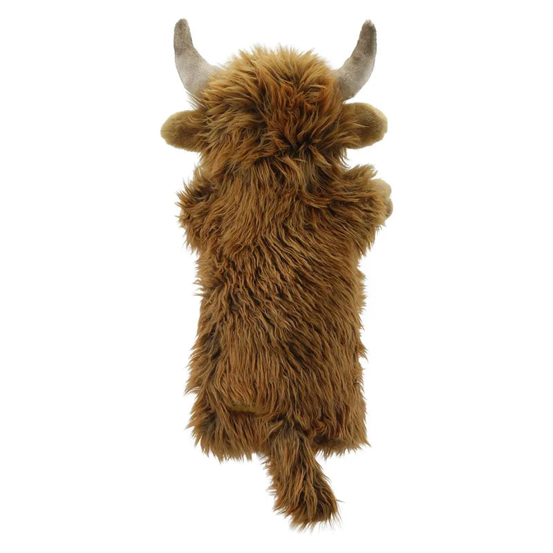 The Puppet Company Long Sleeved Puppet Highland Cow is a plush toy designed to resemble the rear view of a brown, shaggy highland cow with two small light-colored horns and a short tail. This fuzzy glove puppet stands upright on its hind legs, making it ideal for creative and imaginative play.