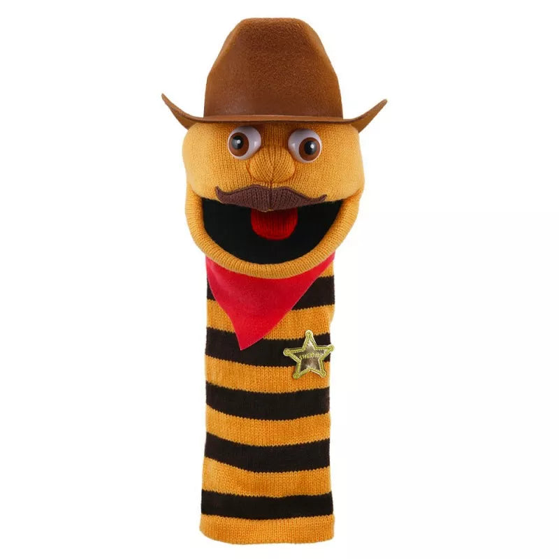 A colourful Sock Puppet named Sockette Puppet Cowboy It’s knitted body is orange and black. He wears a cow-boy hat.It has big expressive eyes and is mouth moving.