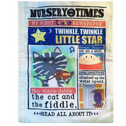 Crinkly Cloth Book Nursery Rhymes 1 is a colorful, illustrated sensory book for kids styled as a newspaper, featuring nursery rhymes like "Twinkle, Twinkle, Little Star" and playful images for interactive fun.