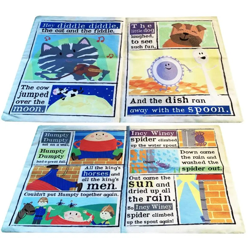Crinkly Cloth Book Nursery Rhymes 1 features four colorful illustrated panels with playful images of classic nursery rhymes, including a cat, dog, cow, dish, spoon, Humpty Dumpty, horses, king’s men, spider, sun, rain, and a water spout.