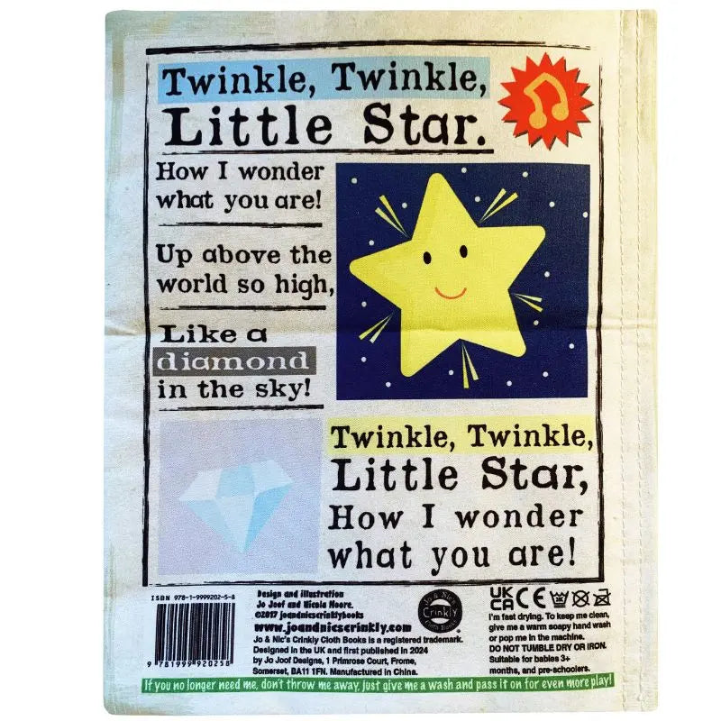Crinkly Cloth Book Nursery Rhymes 1 features "Twinkle, Twinkle, Little Star" with a smiling yellow star, diamond, and whimsical text in various fonts on a white background.