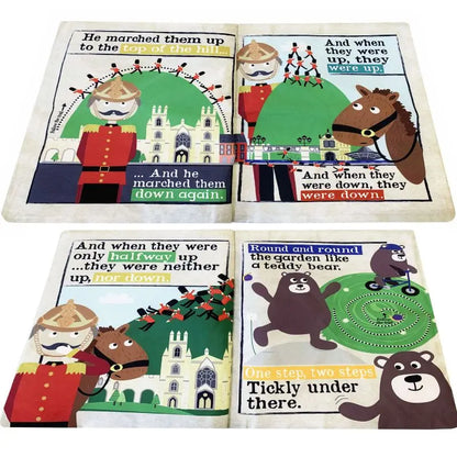 Crinkly Cloth Book Nursery Rhymes 2 features four illustrated pages with royal guards, a bear, and the London Eye. With rhyming text about marching and playing, it offers a sensory experience perfect for nursery rhyme time.