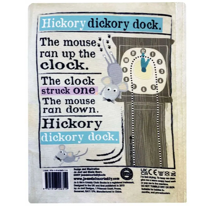 The Crinkly Cloth Book Nursery Rhymes 2 features "Hickory Dickory Dock" with playful fonts and mice at a grandfather clock—perfect for nursery rhyme lovers.