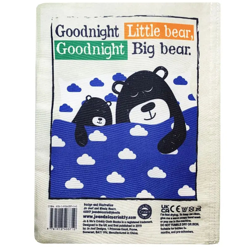 The Crinkly Cloth Book Big Bear cover features two black bears—one big, one small—cuddled under a cloud-patterned blue blanket. Titled "Goodnight Little bear, Goodnight Big bear," it's an ideal sensory gift for newborns.