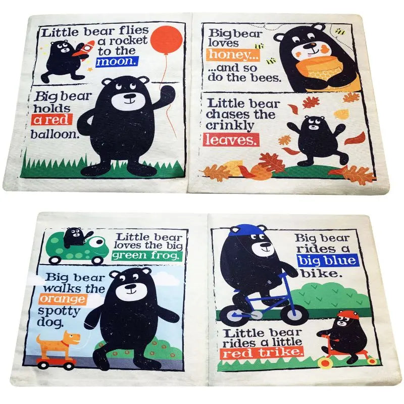 Four illustrated panels in the Crinkly Cloth Book Big Bear show a black bear flying to the moon, holding a red balloon, eating honey, crunching leaves, walking an orange dog, riding a blue bike, and riding a red trike—a delightful sensory book and perfect birth present.