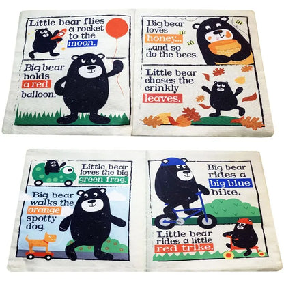 Four illustrated panels in the Crinkly Cloth Book Big Bear show a black bear flying to the moon, holding a red balloon, eating honey, crunching leaves, walking an orange dog, riding a blue bike, and riding a red trike—a delightful sensory book and perfect birth present.