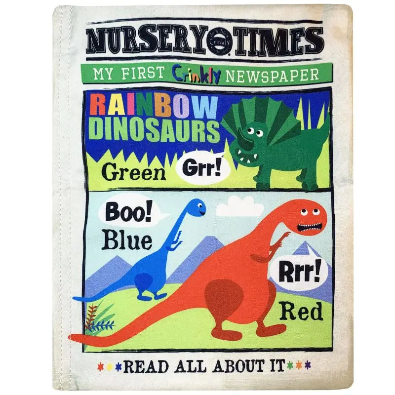 Crinkly Cloth Book Rainbow Dinosaurs is a colorful sensory baby book featuring cartoon dinosaurs—a green, blue, and red one—with speech bubbles saying "Grr!", "Boo!", and "Rrr!" for playful crinkly fun.